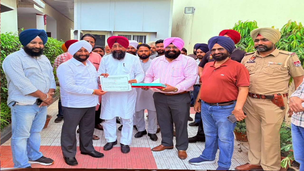 MLA Kulwant Singh congratulates Akwinder Singh Gosal for receiving Punjab Government certification for his services to culture and sports.