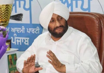 MLA Kulwant Singh addressing journalists during a press interaction in Mohali on employee welfare and development issues.