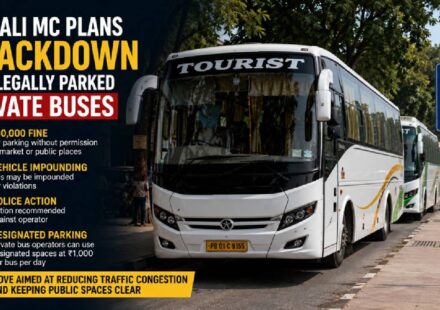 Private buses parked along a busy road in Mohali amid concerns over traffic congestion.