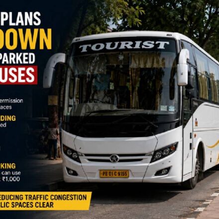Private buses parked along a busy road in Mohali amid concerns over traffic congestion.