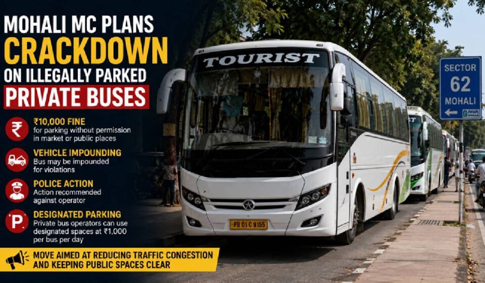 Private buses parked along a busy road in Mohali amid concerns over traffic congestion.
