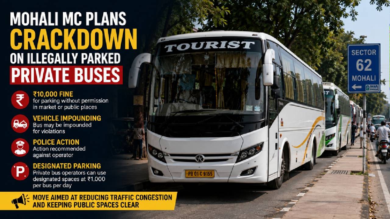 Private buses parked along a busy road in Mohali amid concerns over traffic congestion.