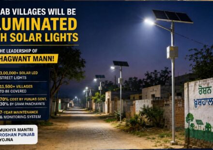 Solar LED streetlights illuminating a Punjab village as part of the rural lighting programme
