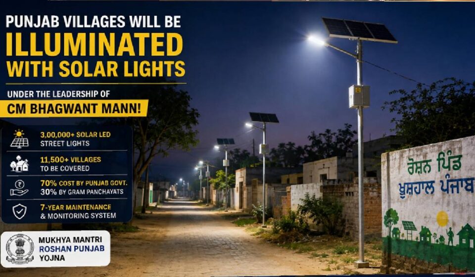 Solar LED streetlights illuminating a Punjab village as part of the rural lighting programme