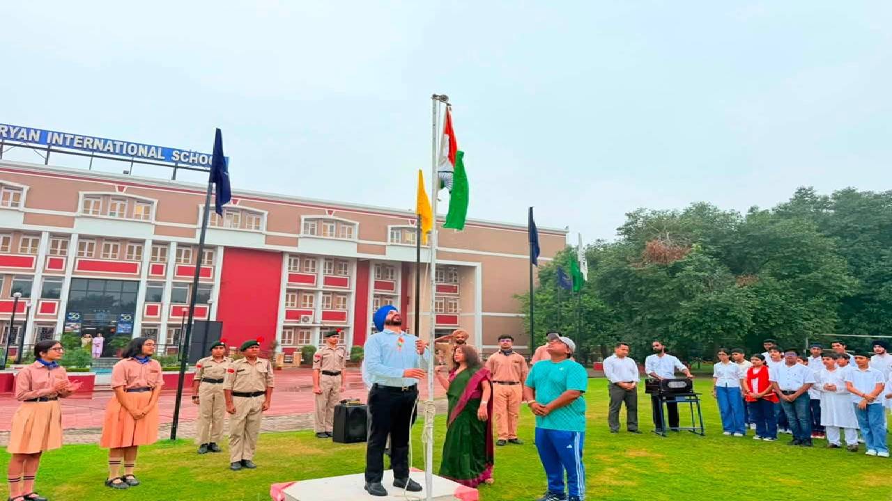 Mayor Sarabjeet Singh Samana hoists the Tricolour during the Independence Day celebration at Ryan International School Chandigarh, where he was once a student.