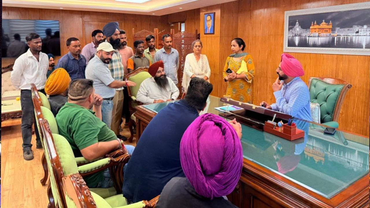 Mayor Sarabjeet Singh Samana listening to residents’ problems at his office in Mohali